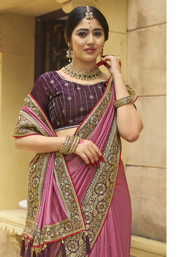 Rose Pink Silk Zari Embroidered Saree