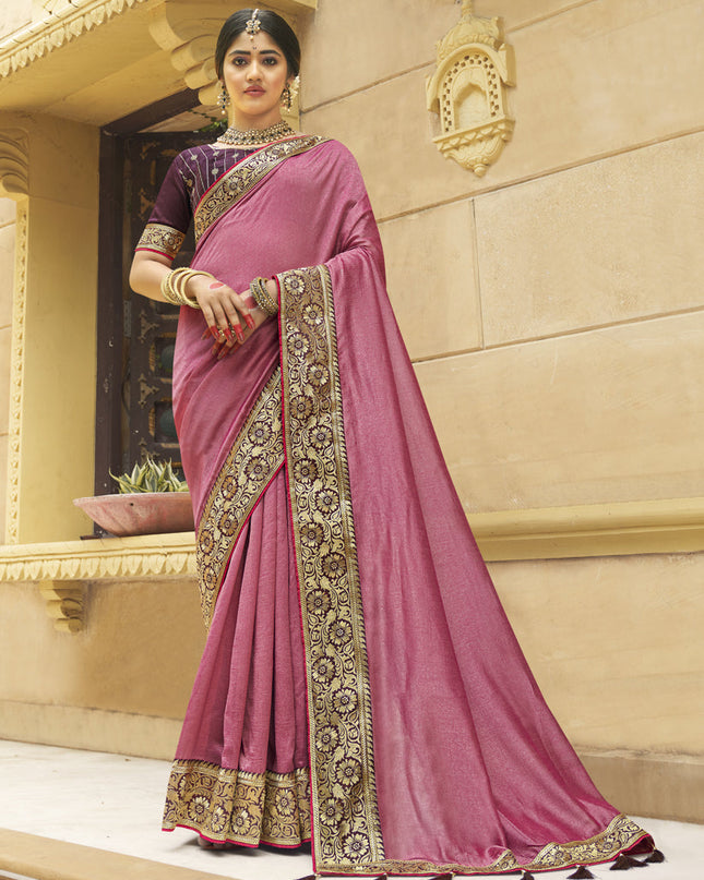 Rose Pink Silk Zari Embroidered Saree