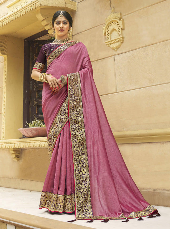 Rose Pink Silk Zari Embroidered Saree
