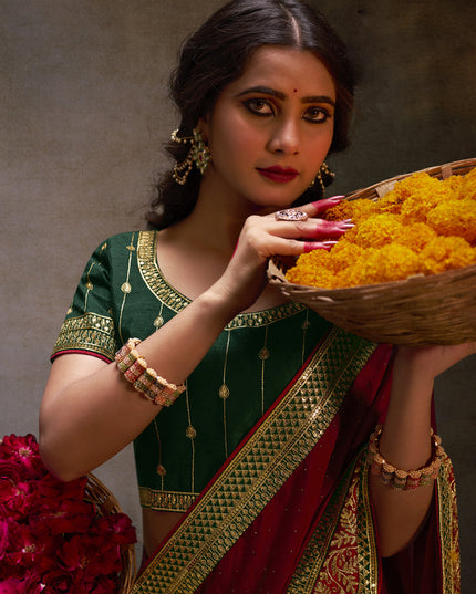 Maroon Satin Saree with Embroidered Blouse
