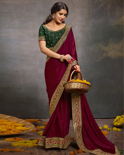 Maroon Satin Saree with Embroidered Blouse