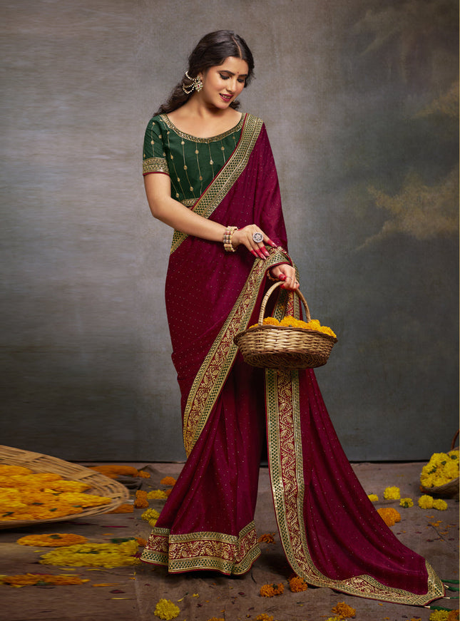 Maroon Satin Saree with Embroidered Blouse