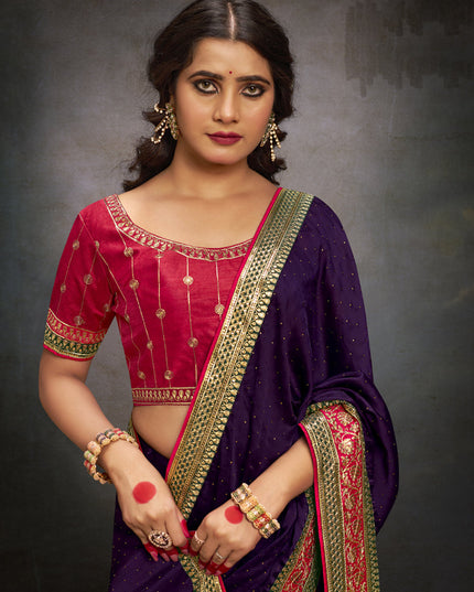 Eggplant Satin Saree with Embroidered Blouse