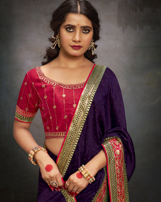 Eggplant Satin Saree with Embroidered Blouse