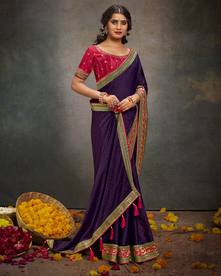 Eggplant Satin Saree with Embroidered Blouse