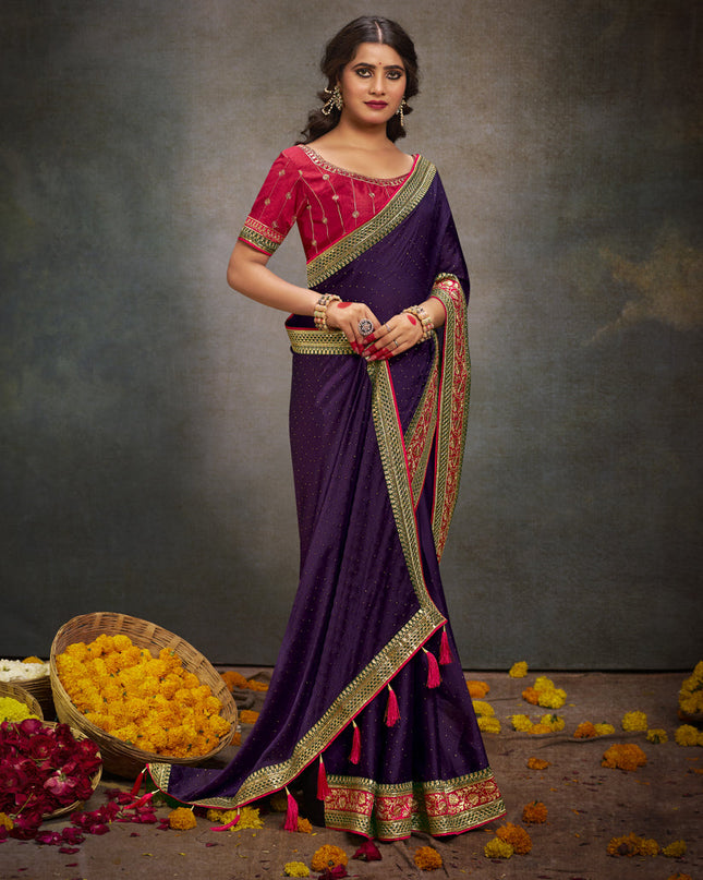 Eggplant Satin Saree with Embroidered Blouse
