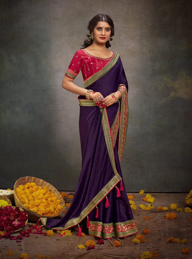 Eggplant Satin Saree with Embroidered Blouse