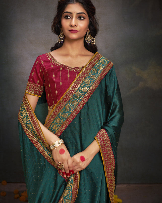 Rama Green Satin Saree with Embroidered Blouse