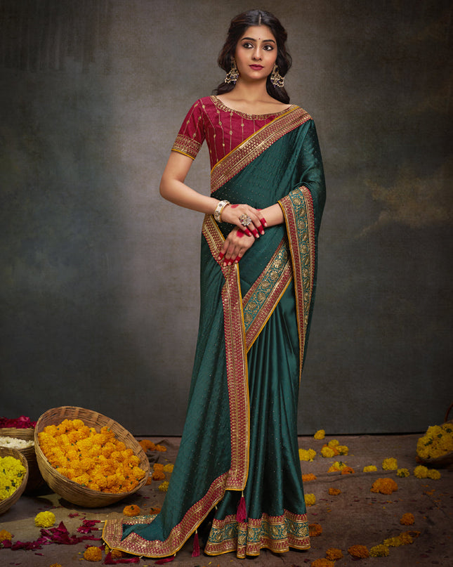 Rama Green Satin Saree with Embroidered Blouse