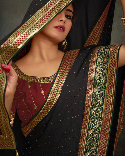 Black Satin Saree with Embroidered Blouse