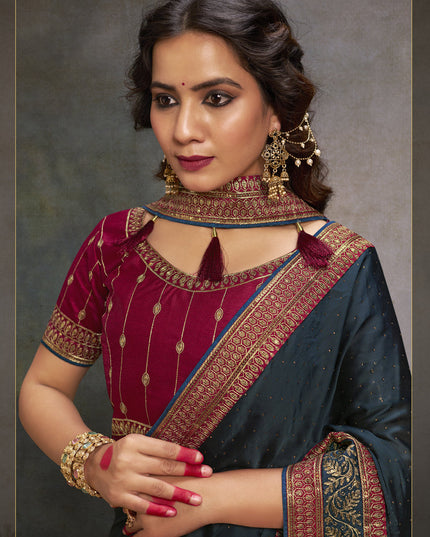 Prussian Blue Satin Saree with Embroidered Blouse
