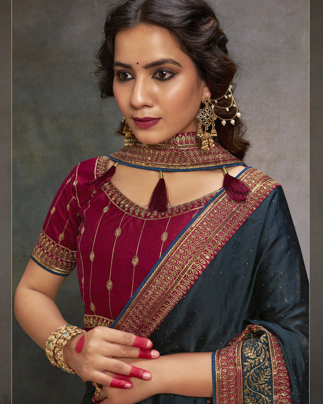 Prussian Blue Satin Saree with Embroidered Blouse
