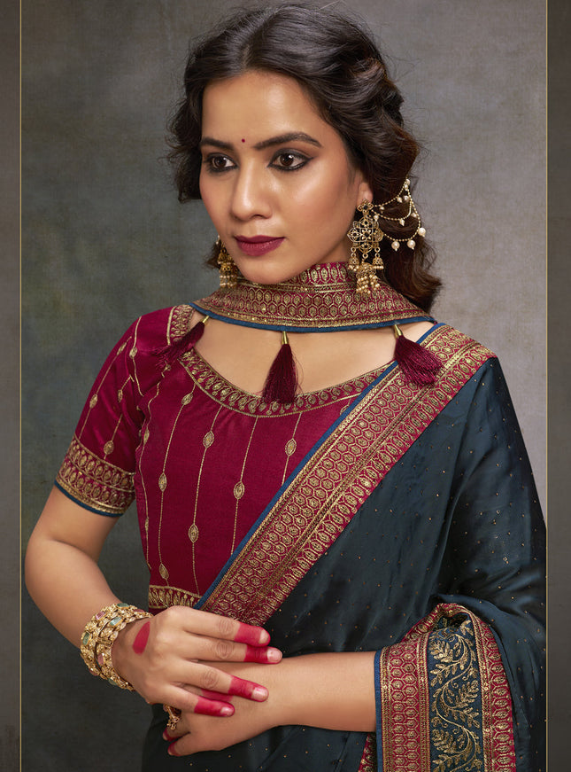 Prussian Blue Satin Saree with Embroidered Blouse