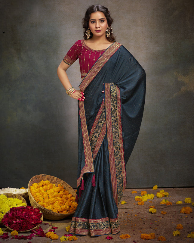 Prussian Blue Satin Saree with Embroidered Blouse