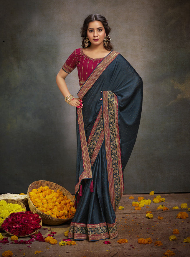 Prussian Blue Satin Saree with Embroidered Blouse