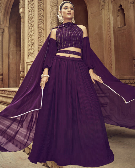 Wine Faux Georgette Lehenga Choli for Ceremonial