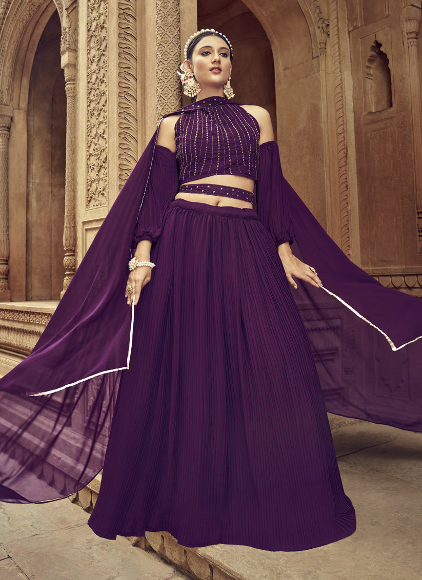 Wine Faux Georgette Lehenga Choli for Ceremonial