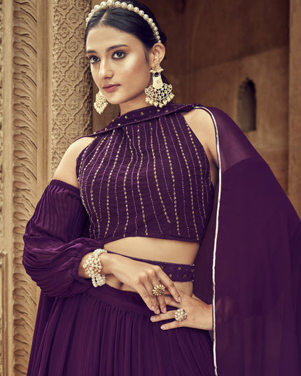 Wine Faux Georgette Lehenga Choli for Ceremonial