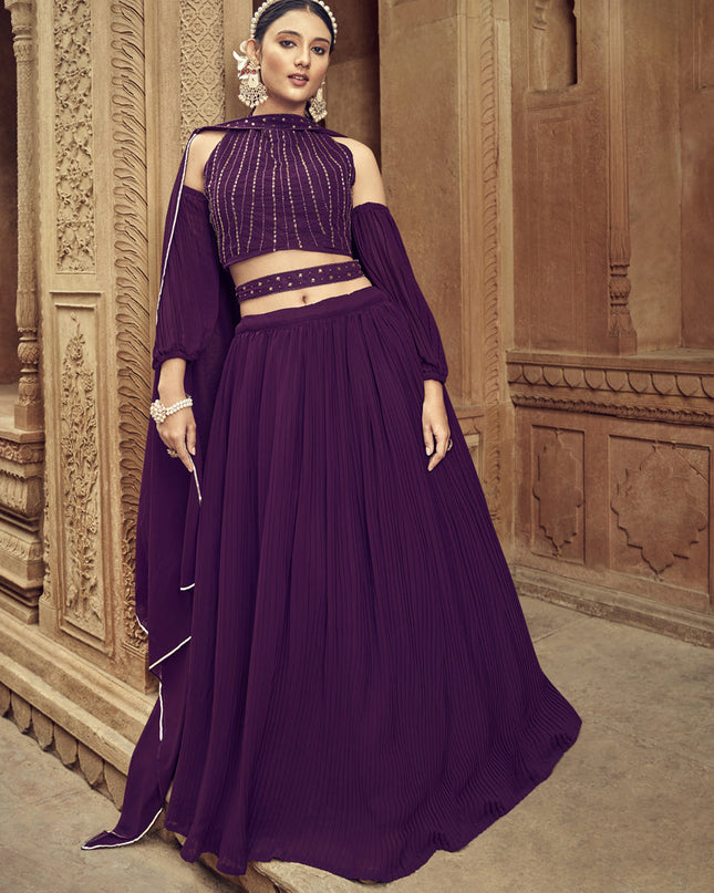Wine Faux Georgette Lehenga Choli for Ceremonial