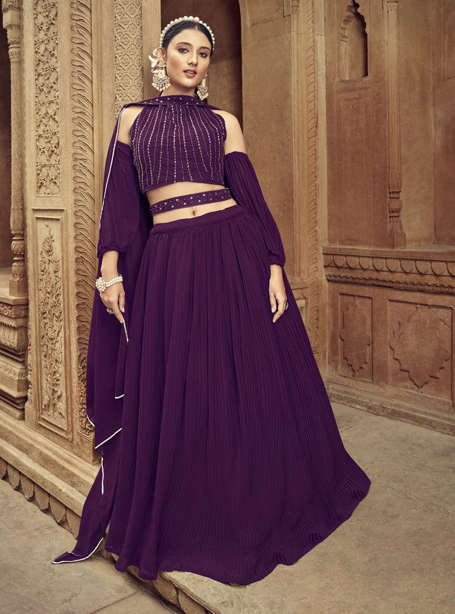 Wine Faux Georgette Lehenga Choli for Ceremonial
