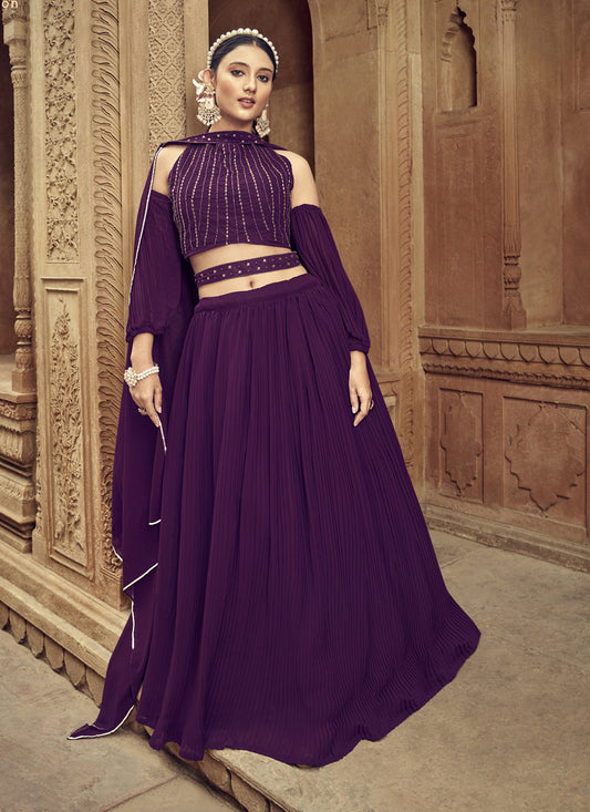 Wine Faux Georgette Lehenga Choli for Ceremonial