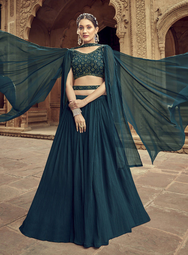 Peacock Blue Faux Georgette Lehenga Choli for Sangeet