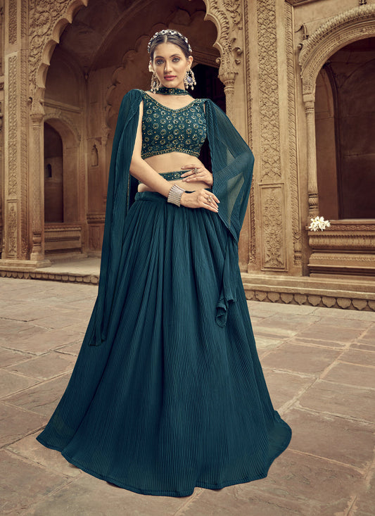 Peacock Blue Faux Georgette Lehenga Choli for Sangeet