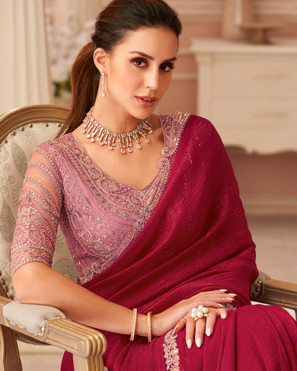 Beautiful Cherry Red Embroidered Georgette Party Wear Saree