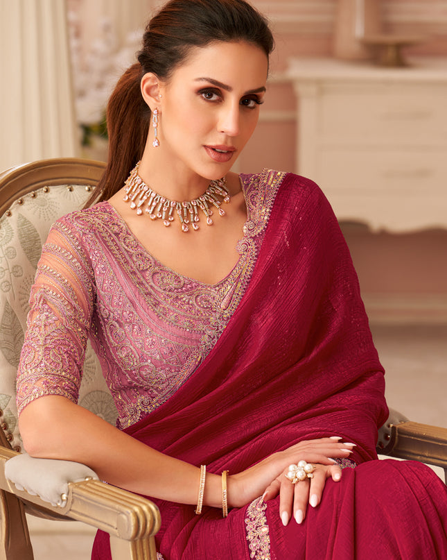 Beautiful Cherry Red Embroidered Georgette Party Wear Saree