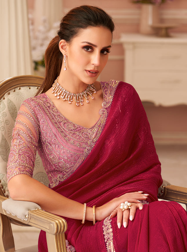 Beautiful Cherry Red Embroidered Georgette Party Wear Saree