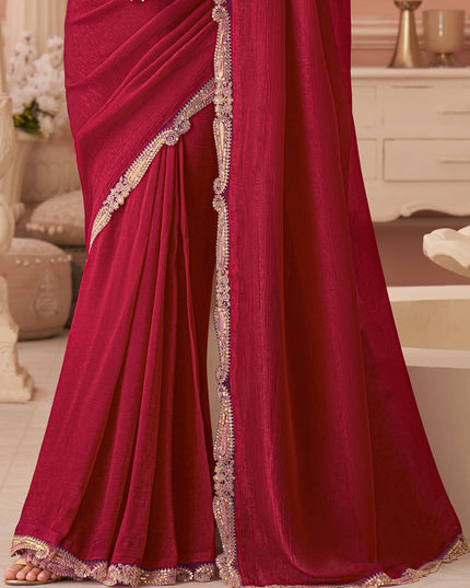 Beautiful Cherry Red Embroidered Georgette Party Wear Saree