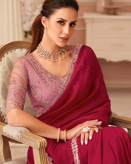 Elegant Cherry Red Georgette Party Wear Saree with Embroidered Blouse