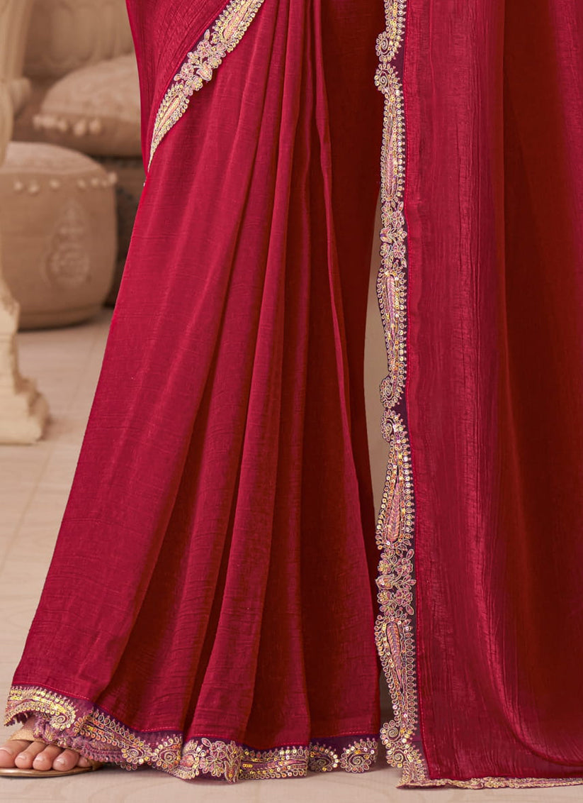 Elegant Cherry Red Georgette Party Wear Saree with Embroidered Blouse