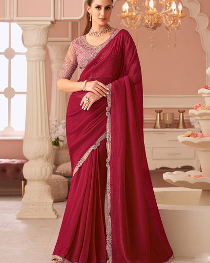 Elegant Cherry Red Georgette Party Wear Saree with Embroidered Blouse
