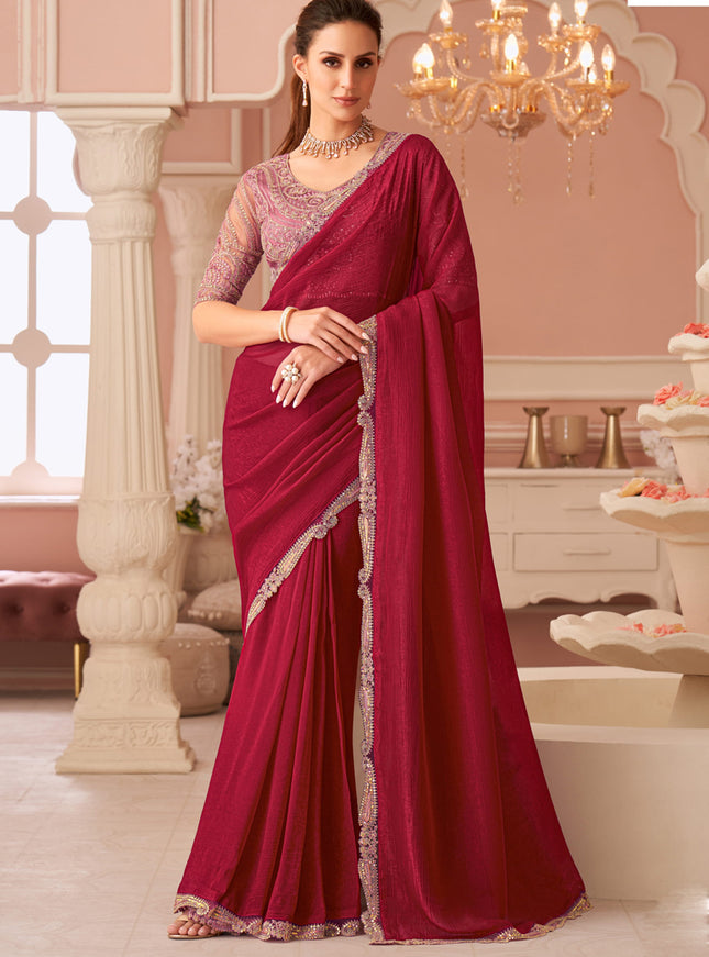 Elegant Cherry Red Georgette Party Wear Saree with Embroidered Blouse
