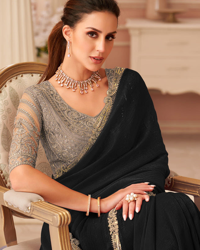 Ravishing Black Georgette Party Wear Saree with Embroidered Blouse