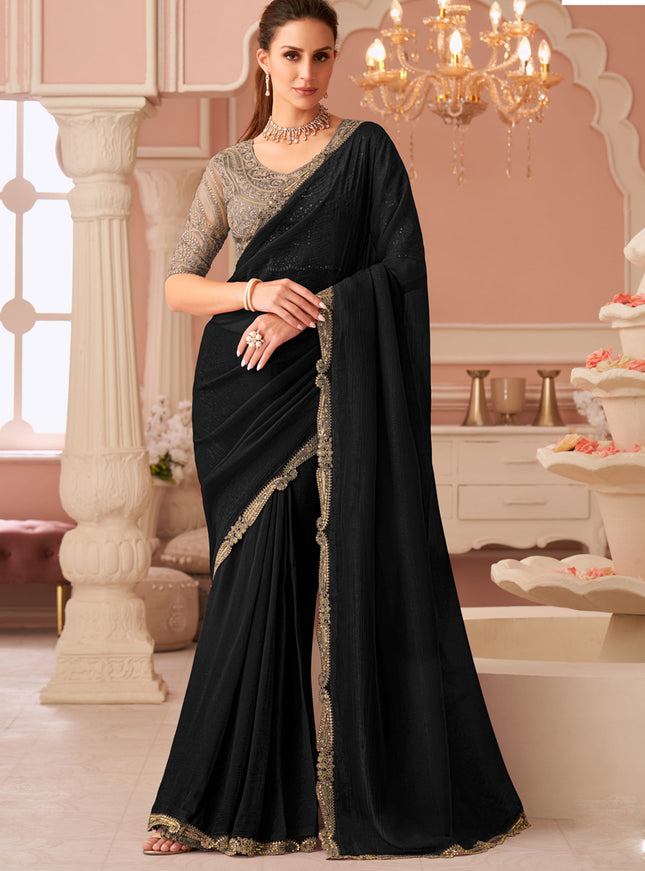 Ravishing Black Georgette Party Wear Saree with Embroidered Blouse