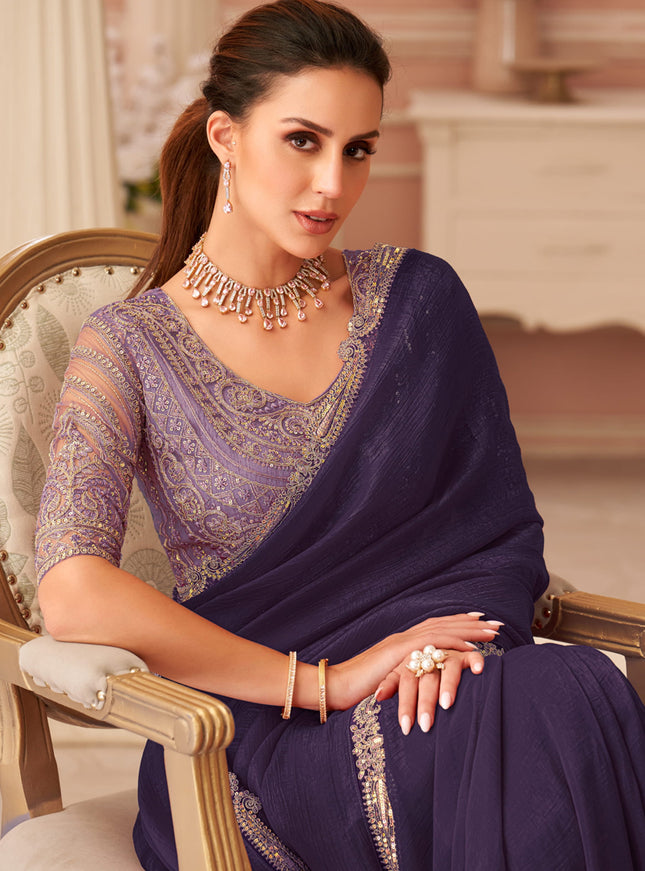 Bewitching Eggplant Georgette Party Wear Saree with Embroidered Blouse