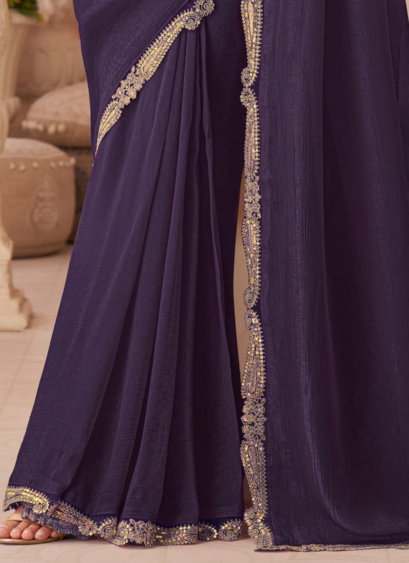 Bewitching Eggplant Georgette Party Wear Saree with Embroidered Blouse