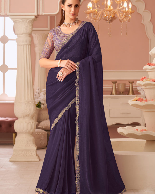 Bewitching Eggplant Georgette Party Wear Saree with Embroidered Blouse