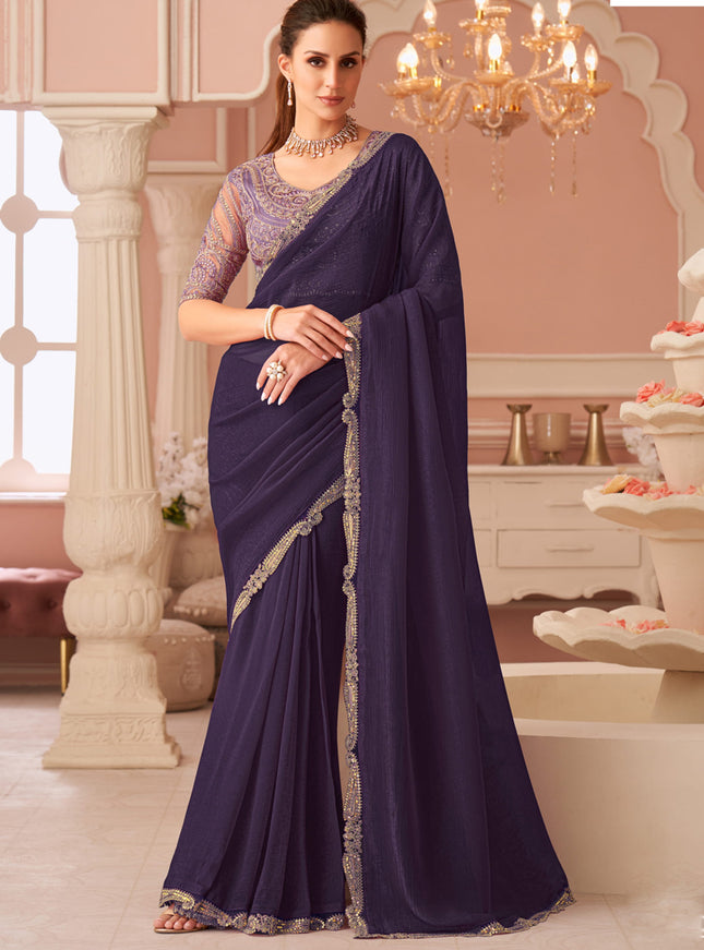 Bewitching Eggplant Georgette Party Wear Saree with Embroidered Blouse