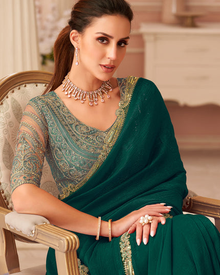 Pretty Pine Green Georgette Party Wear Saree with Embroidered Blouse