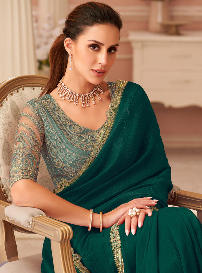 Pretty Pine Green Georgette Party Wear Saree with Embroidered Blouse