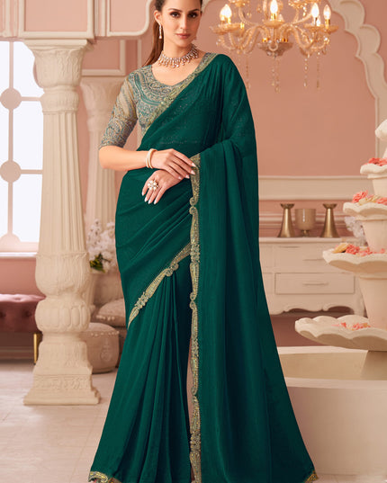 Pretty Pine Green Georgette Party Wear Saree with Embroidered Blouse