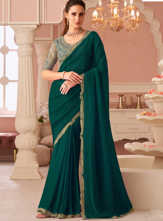 Pretty Pine Green Georgette Party Wear Saree with Embroidered Blouse