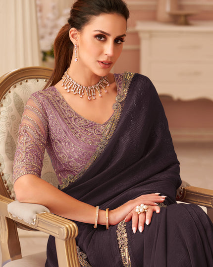 Magnetic Oak Brown Georgette Party Wear Saree with Embroidered Blouse