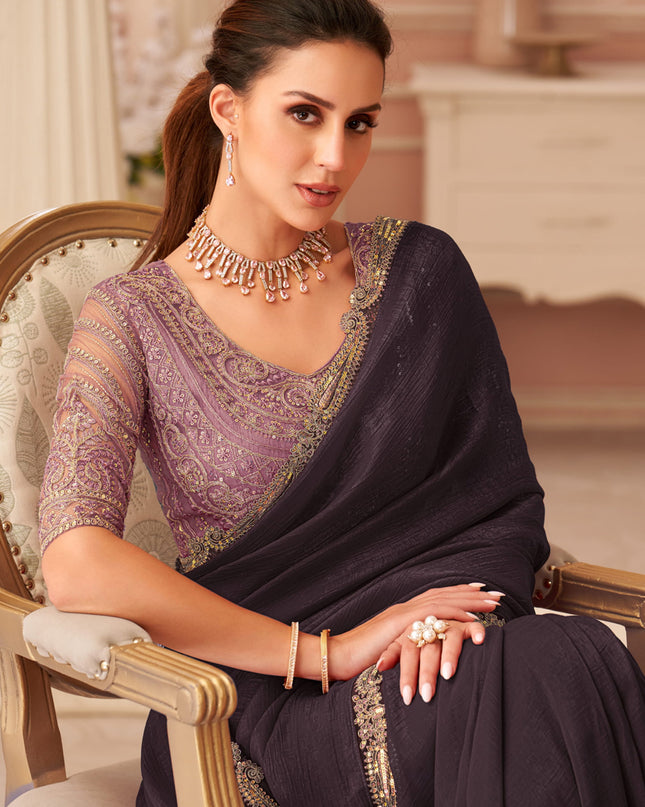 Magnetic Oak Brown Georgette Party Wear Saree with Embroidered Blouse