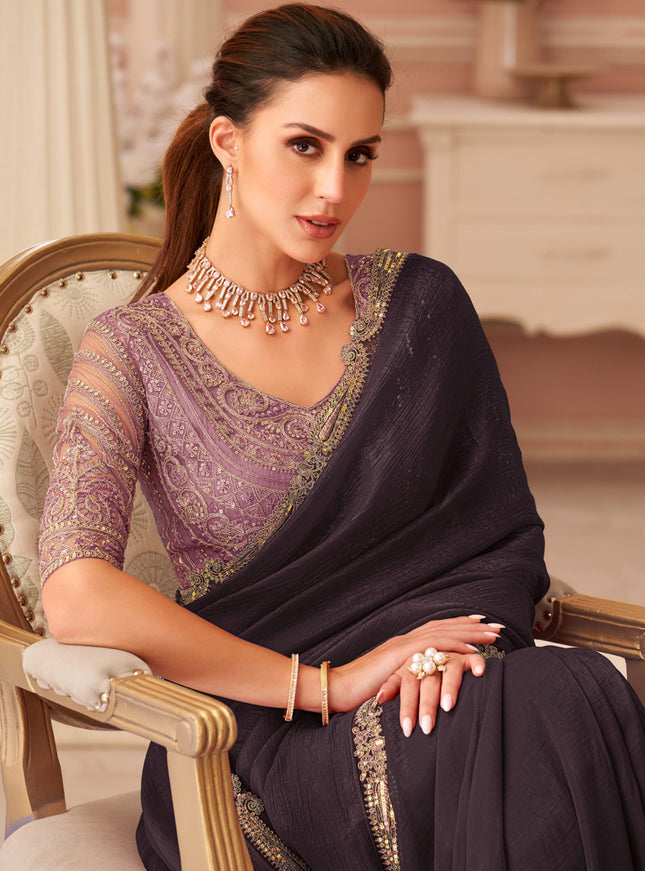 Magnetic Oak Brown Georgette Party Wear Saree with Embroidered Blouse