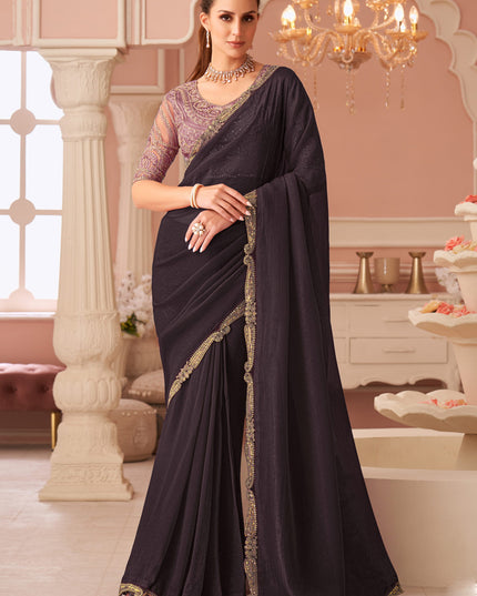 Magnetic Oak Brown Georgette Party Wear Saree with Embroidered Blouse