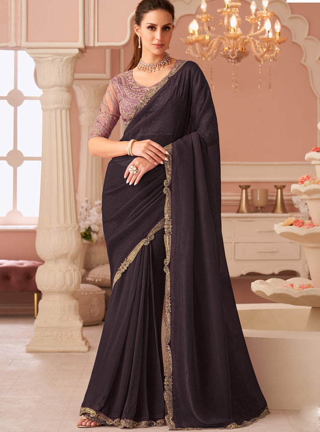 Magnetic Oak Brown Georgette Party Wear Saree with Embroidered Blouse
